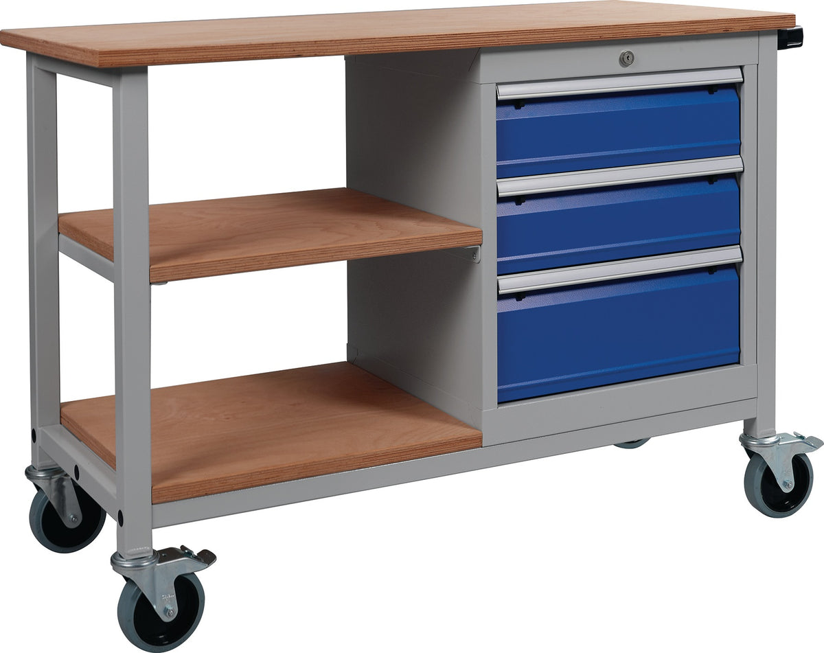 Bedrunka & Hirth Werkbank B1200xT540xH880mm Buche Multiplex lichtgrau/signalblau 3 Schubladen fahrbar