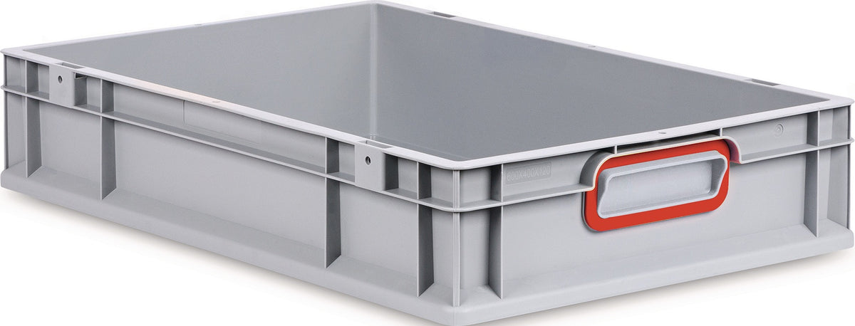 Transportstapelbehälter L400xB300xH120mm grau PP von ALLIT – geschlossener Griff rot
