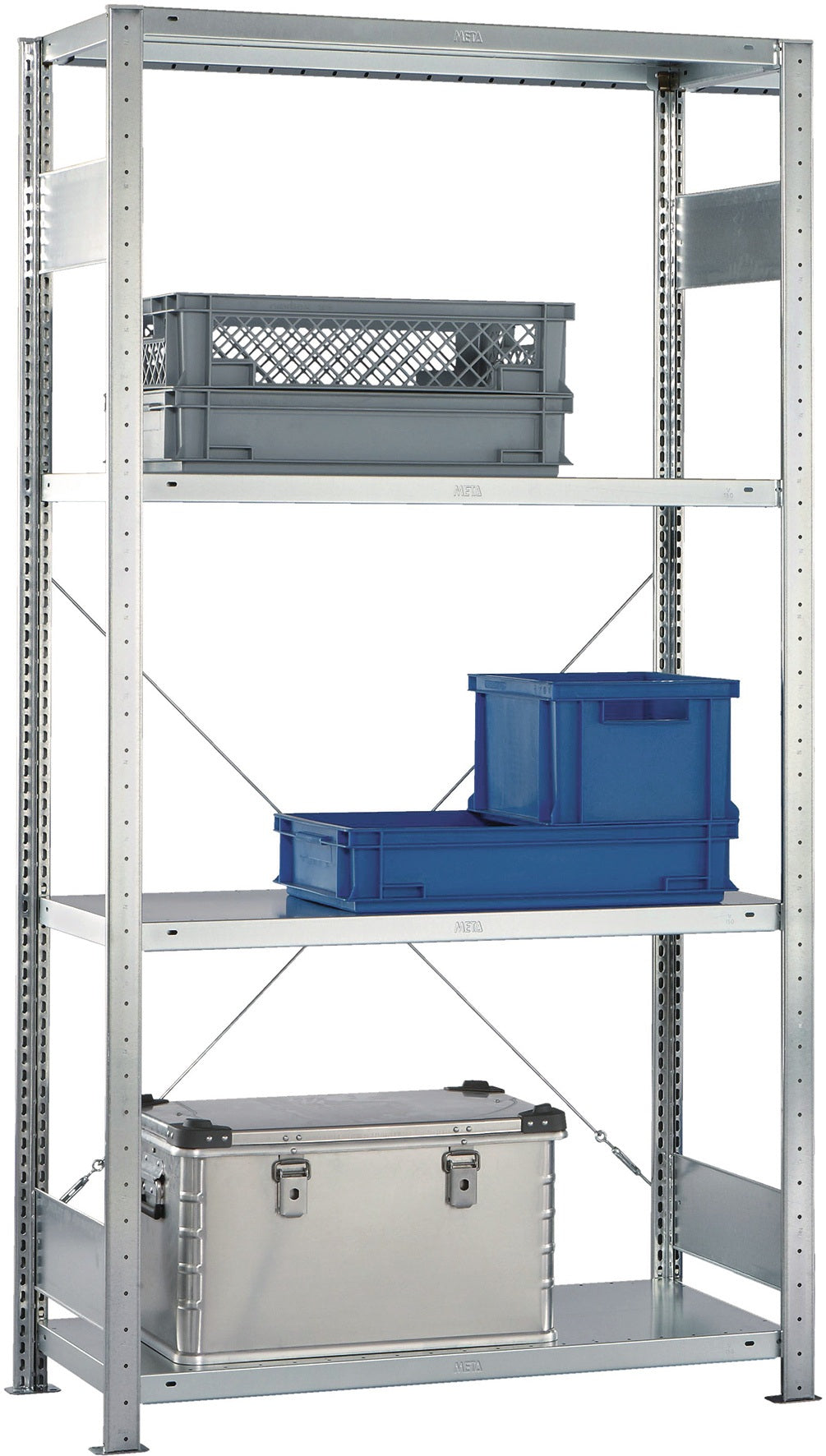 META Steckregal 2000x1000x300 mm verzinkt, 2 Rahmen, 4 Fachböden, 150 kg pro Boden, Feldlast 1650 kg