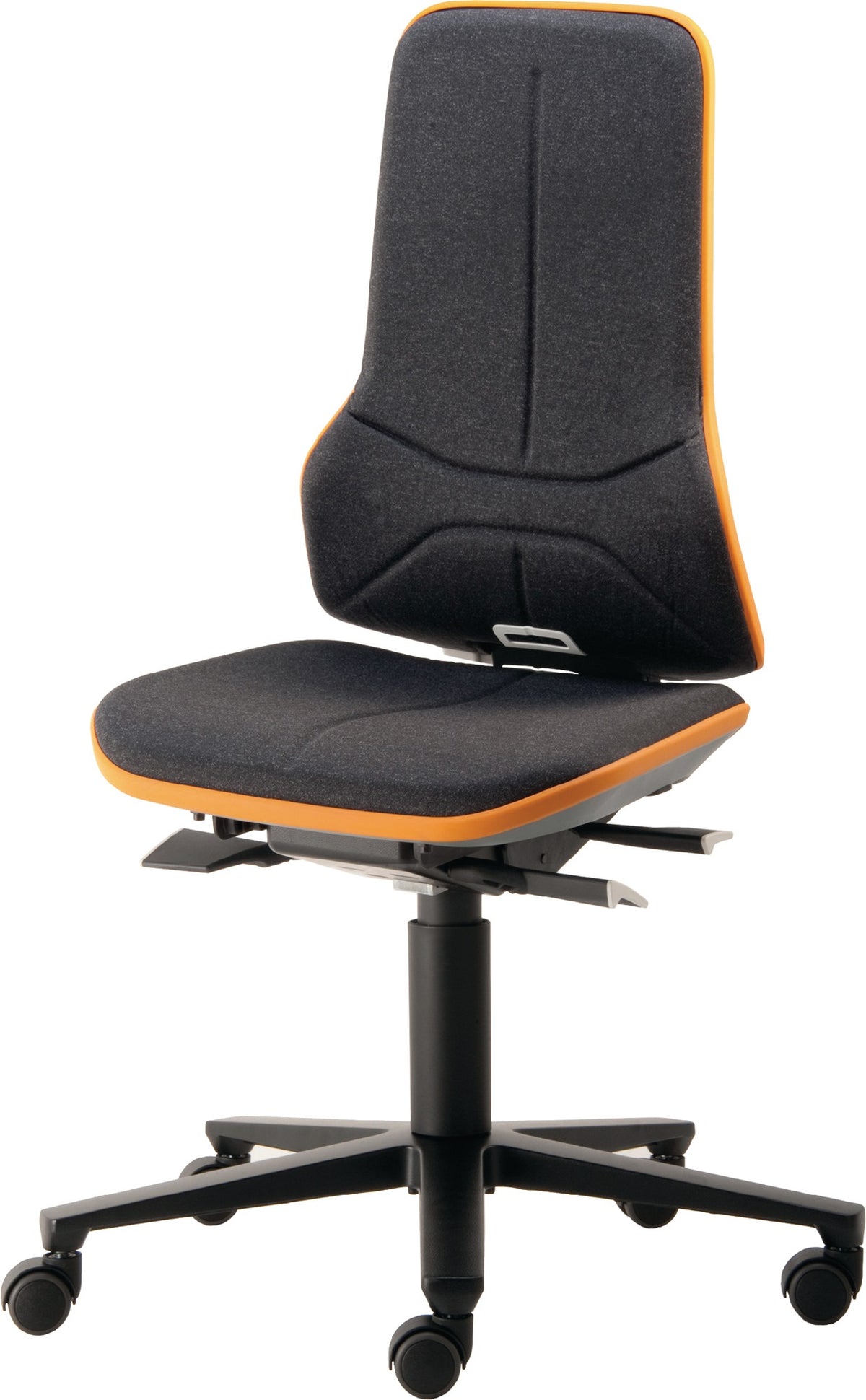 Arbeitsdrehstuhl Neon RL Permanentkontakt von BIMOS – orange, Sicherheits-Doppelrollen, 450-620 mm