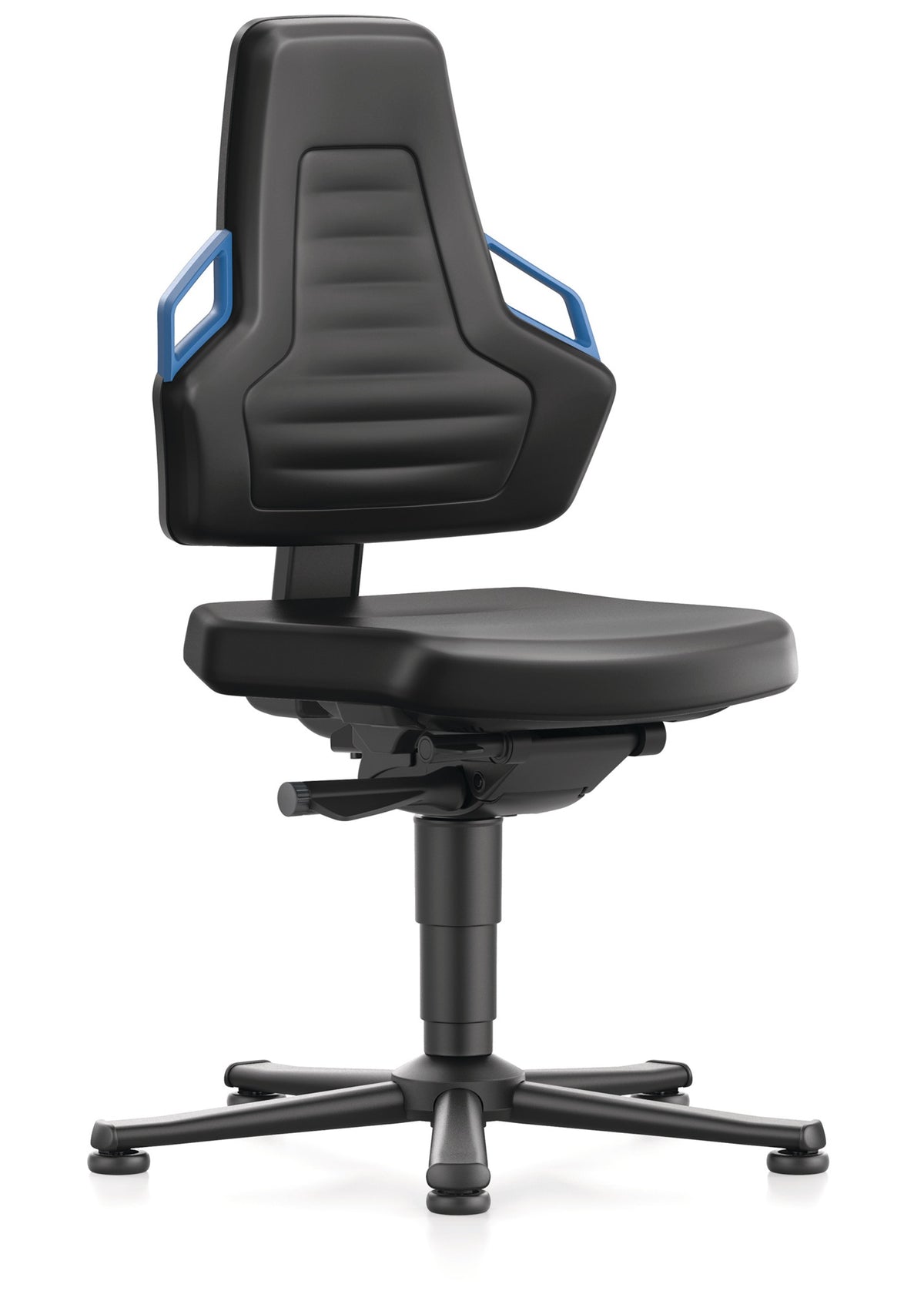 Arbeitsdrehstuhl Nexxit von BIMOS mit Bodengleitern, blauer Grifffarbe und schwarzem Kunstlederpolster