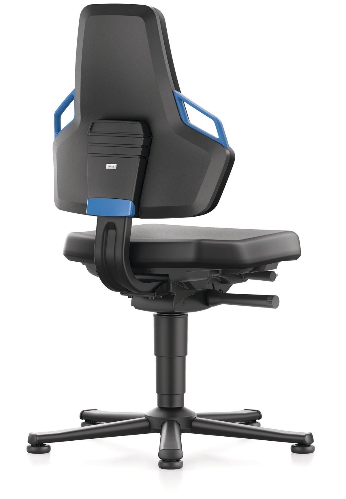 Arbeitsdrehstuhl Nexxit von BIMOS mit Bodengleitern, blauer Grifffarbe und schwarzem Kunstlederpolster