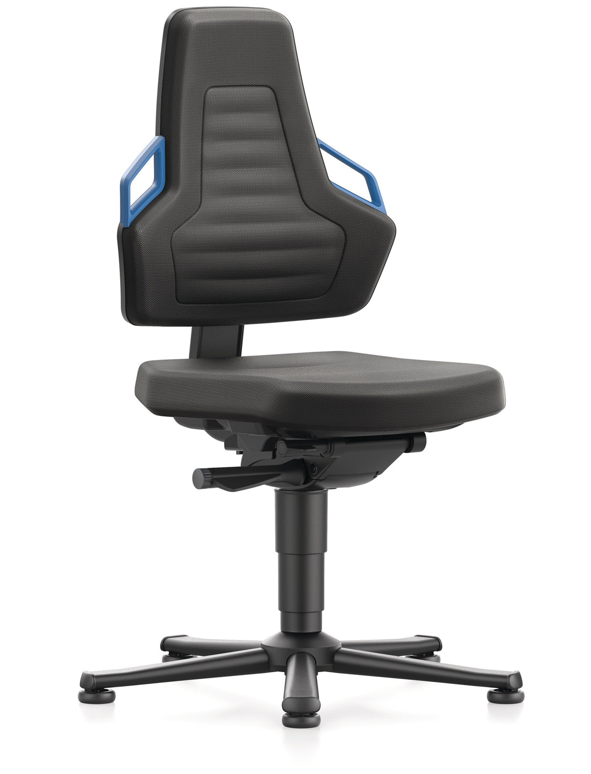 Arbeitsdrehstuhl Nexxit von BIMOS mit Bodengleitern, blauer Grifffarbe und schwarzem Kunstlederpolster