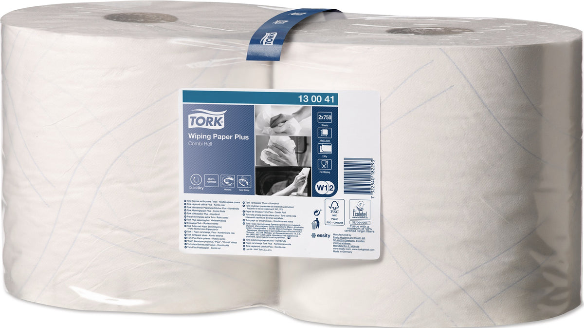TORK 130041 Putztuch, 2-lagig, weiß, 750 Tücher, QuickDry, Rolle – 2 Rollen