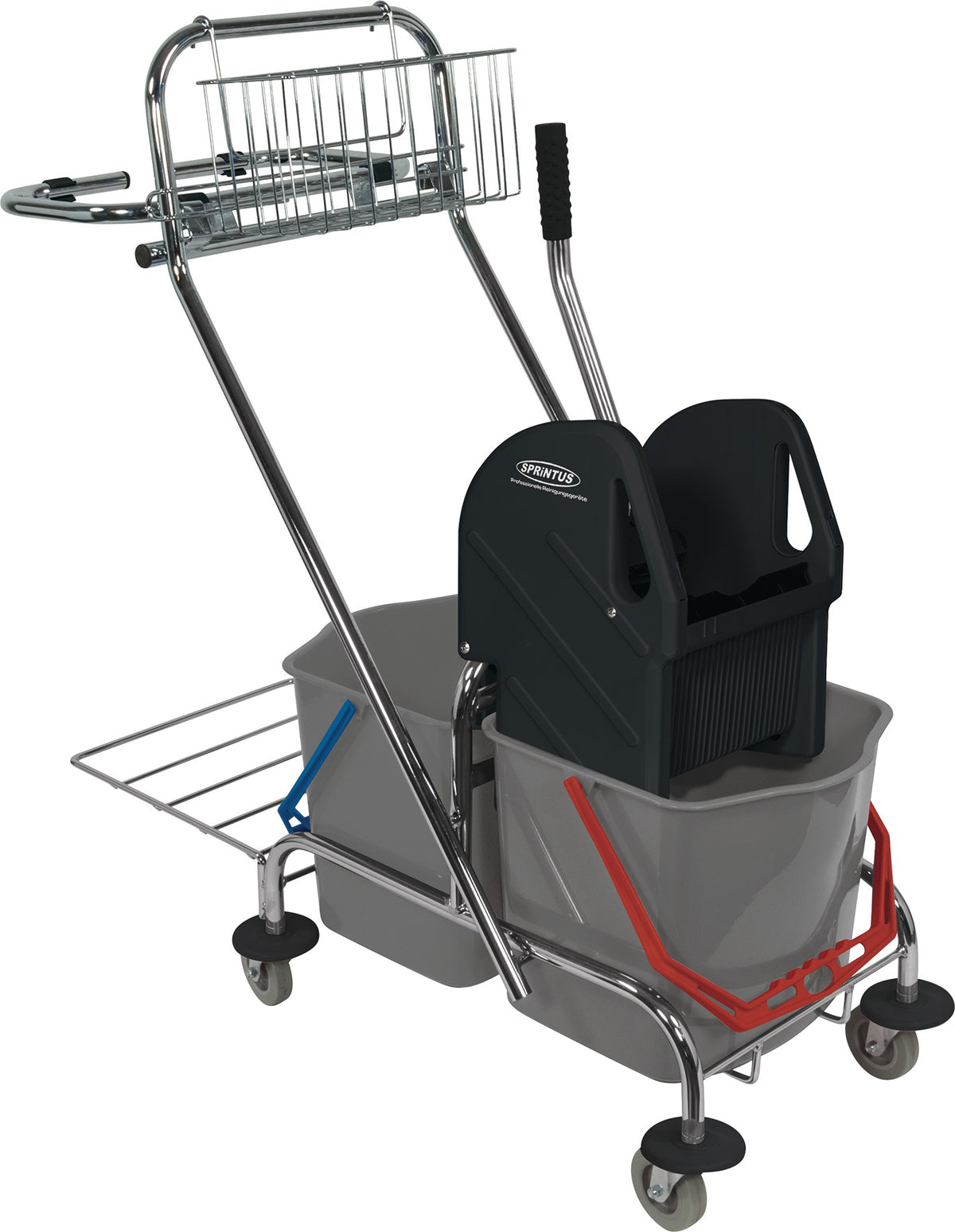 SPRINTUS Reinigungswagen Eimer 2x17l, Presse, Ablagekorb – Stahlrohr, verchromt