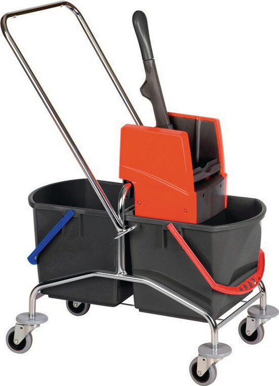 VERMOP Reinigungswagen mit 2 x 17 l Eimern und Presse – Stahlrohrgestell, verchromt