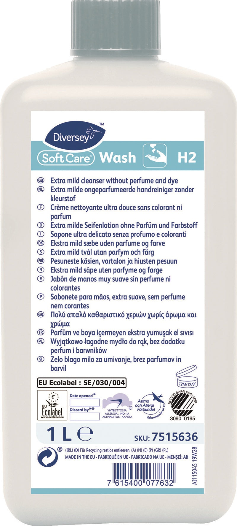 DIVERSEY Soft Care Wash H2 Handwaschlotion 1 l Flasche – für Hände, Körper und Haare