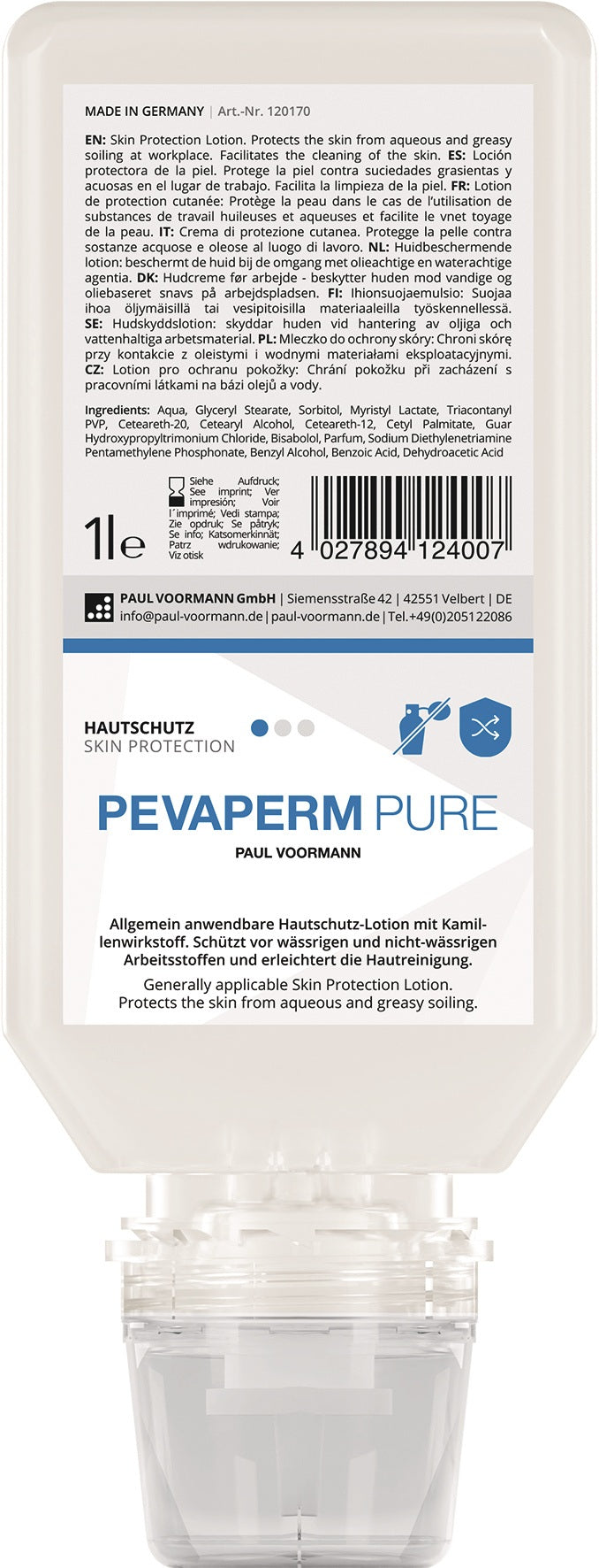 PAUL VOORMANN Hautschutz PEVAPERM PURE 1l unparfümiert Softflasche – pH-hautneutral & silikonfrei