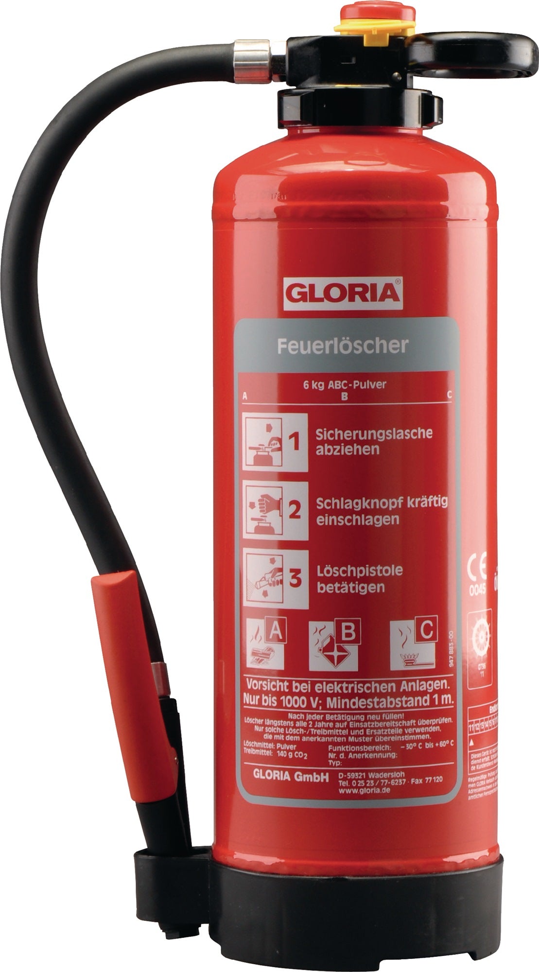 GLORIA Auflade-Pulverfeuerlöscher 6 kg – Brandklassen A, B, C mit Wandhalter