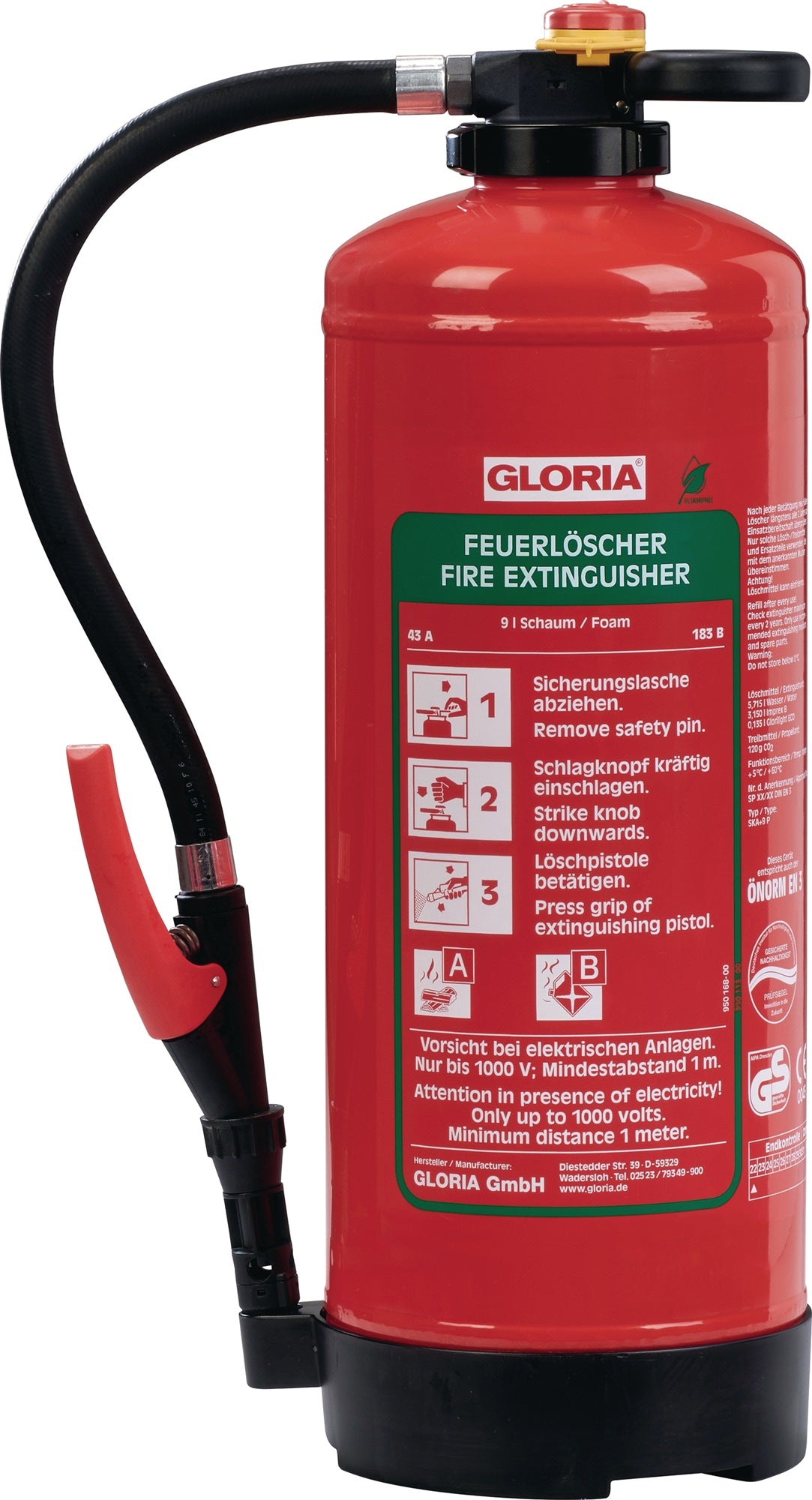 GLORIA Schaumfeuerlöscher 6 l Aufladegerät Brandklasse 34 A 144 B mit Wandhalter