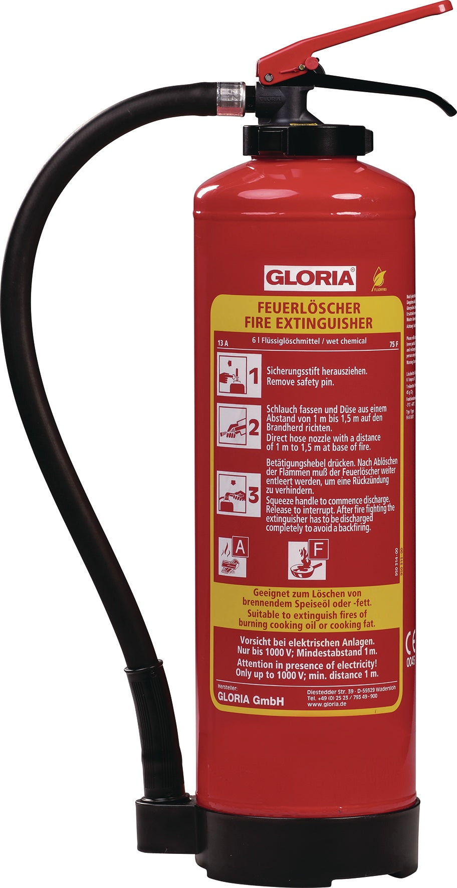 GLORIA Fettbrandfeuerlöscher FA 3 EASY 3l – für Speiseöl- und Fettbrände, Brandklasse 8A 75F, mit Wandhalter