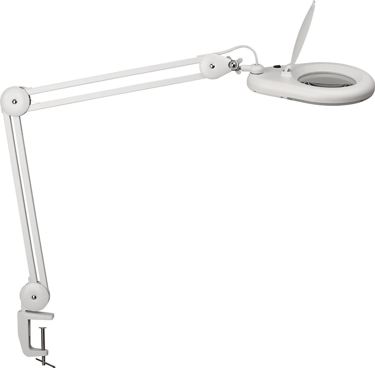 Jakob Maul LED-Lupenleuchte Glaslinse 127 mm 5 Zoll mit Tischklemme, weiß, runder Kopf