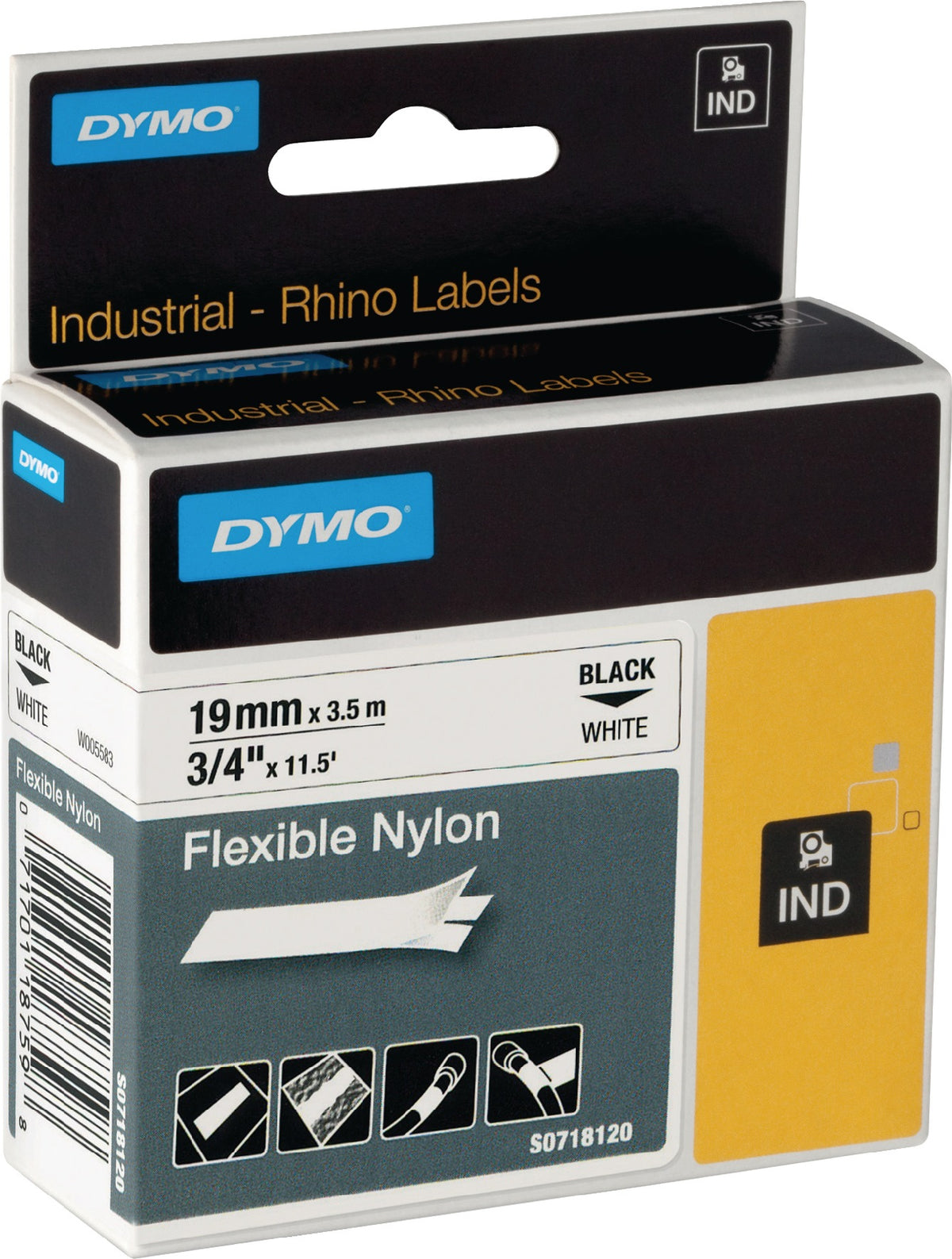 DYMO Schriftband flexibles Nylonband 12 mm schwarz auf weiß, 3,5 m - 5 Stück