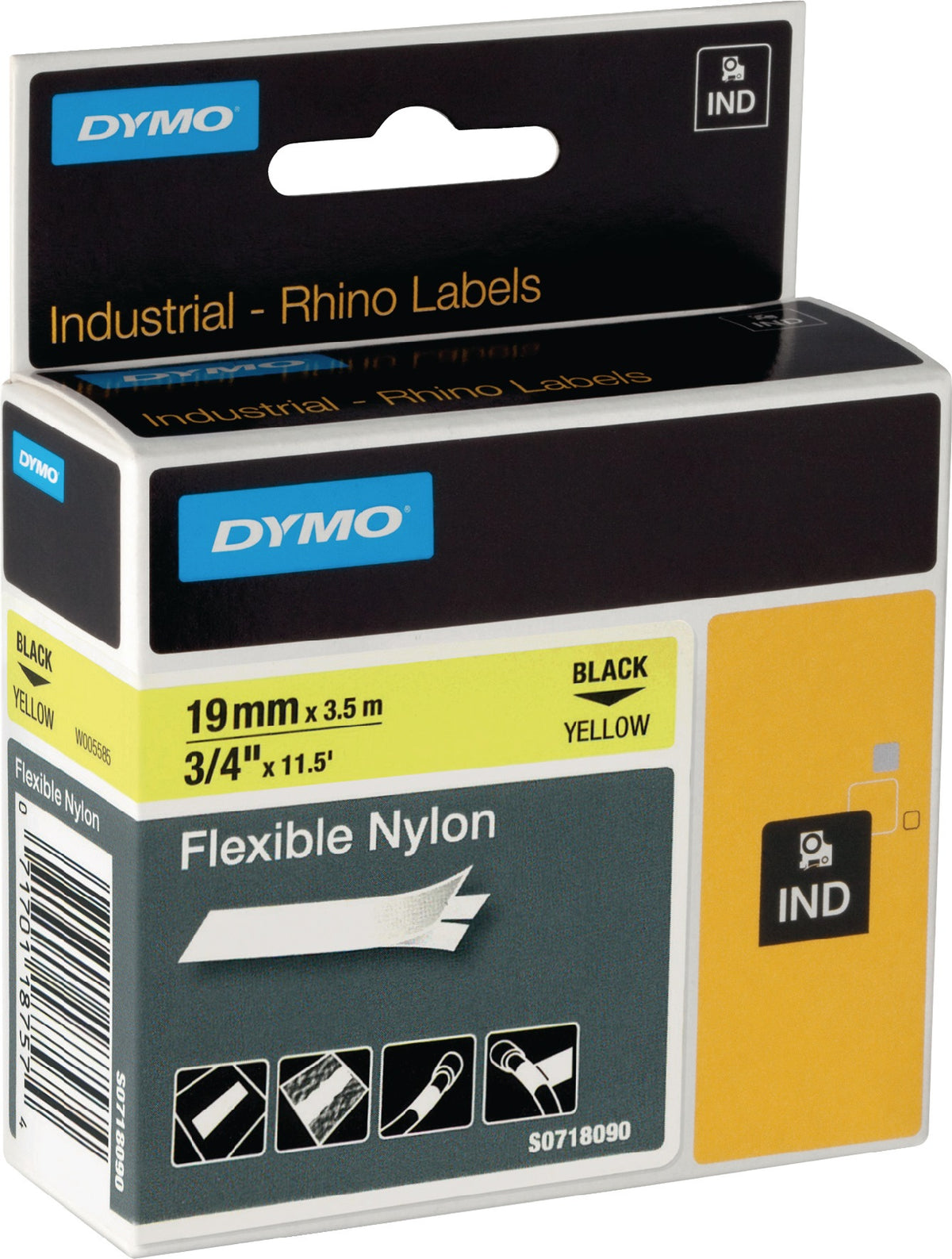 DYMO Schriftband flexibles Nylonband 12 mm schwarz auf weiß, 3,5 m - 5 Stück