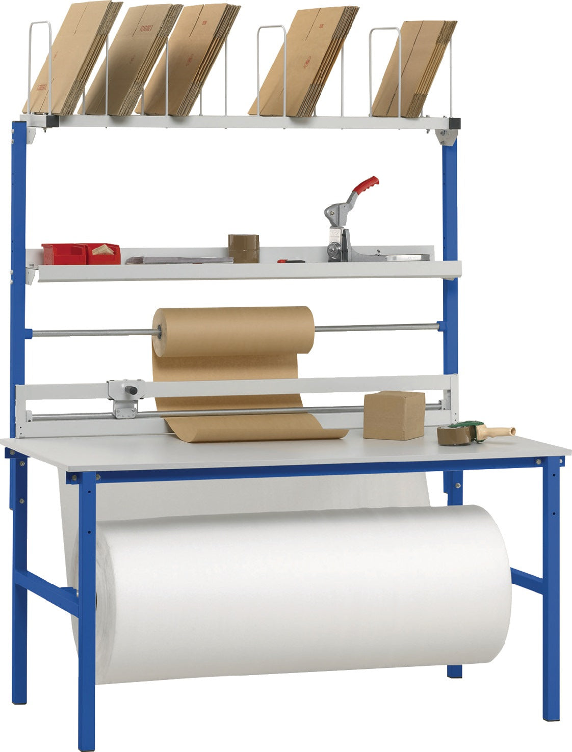 NORDWEST Packtischset B1600xT800xH2205mm Aufbauten Variante 2 – Profi-Packtisch mit Rollenhalterung