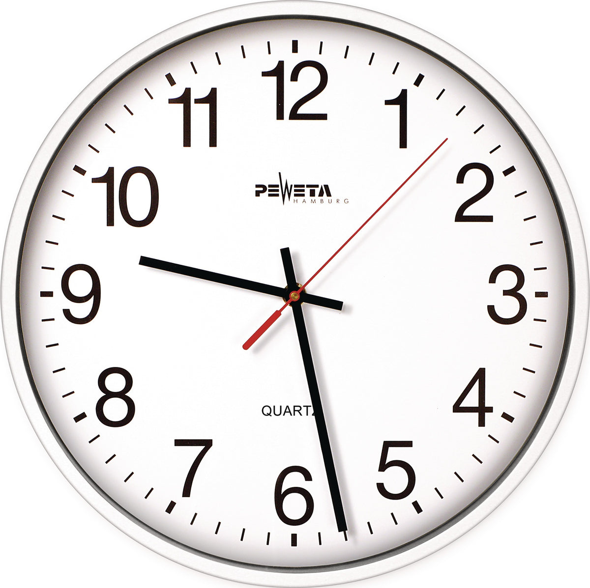 PEWETA Wanduhr Quarzuhr Ø250mm weiß – geräuschloses Uhrwerk, arabische Zahlen, 1,5V