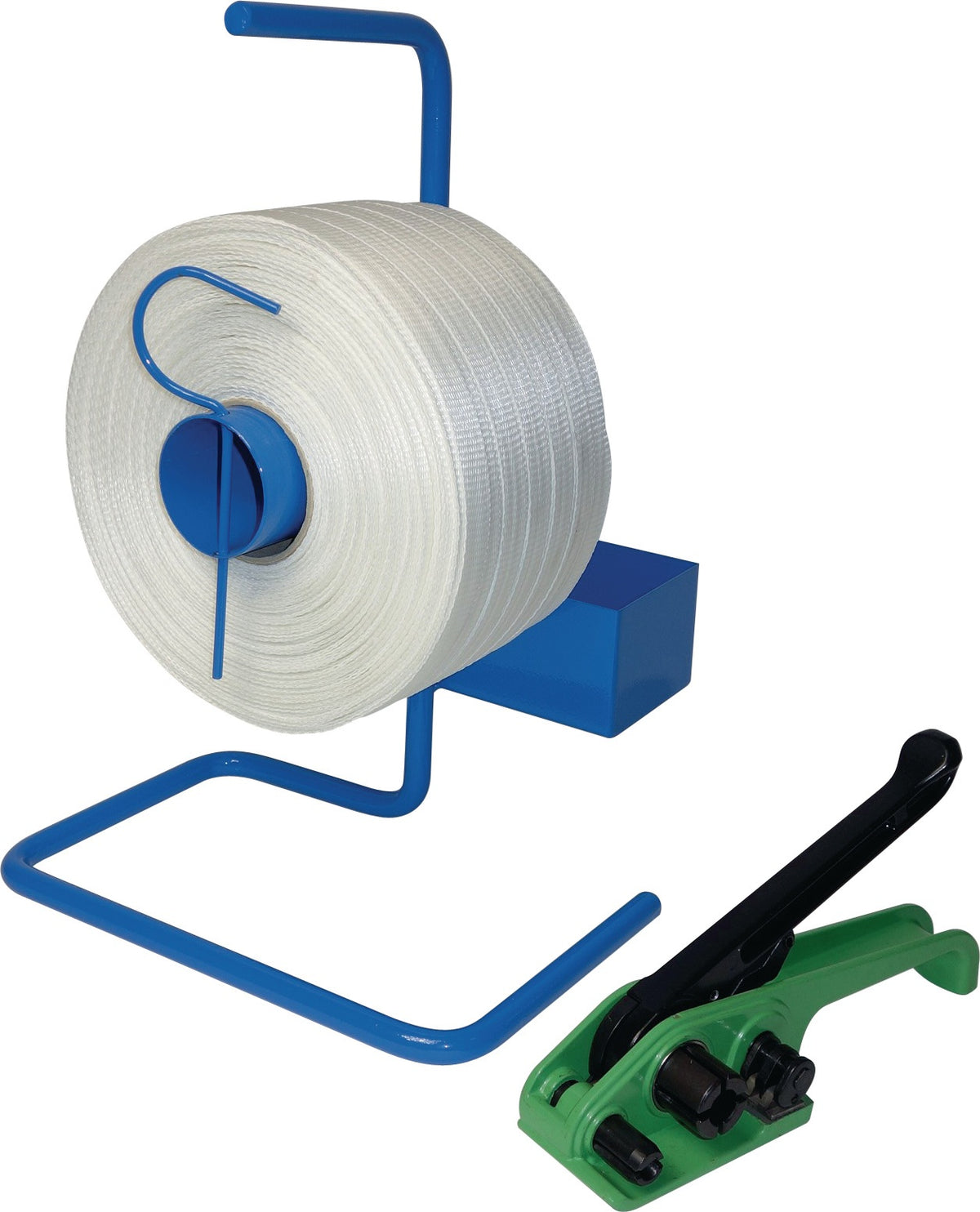 Umreifungsset Band-L.1100m Band-B.13mm mit tragbarem Abroller von Banholzer & Wenz – Polyesterband, Bandspanner, Abroller