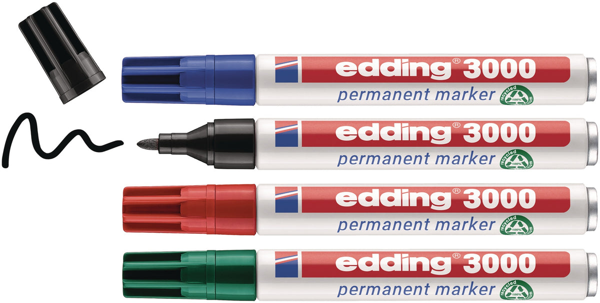 edding 3000 Permanentmarker-Set 4 Farben – Rundspitze 1,5–3 mm, nachfüllbar, wisch- & wasserfest