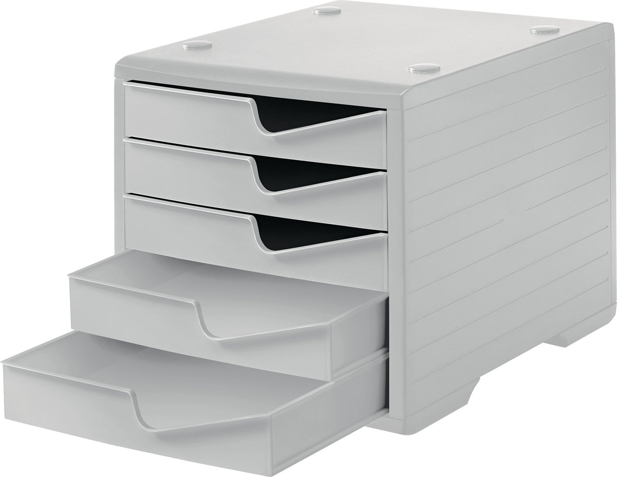STYRO Ablagebox aus Polystyrol mit 5 Schubladen für DIN A4 – grau/blau, stapelbar