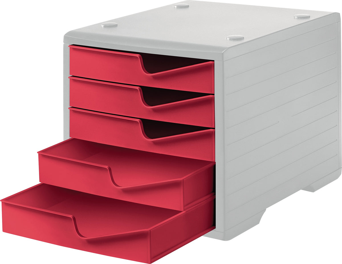 STYRO Ablagebox aus Polystyrol mit 5 Schubladen für DIN A4 – grau/blau, stapelbar