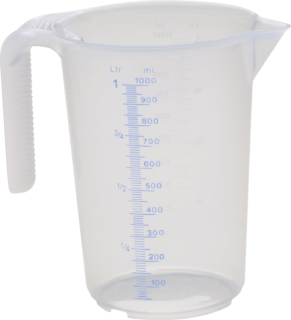 HÜNERSDORFF Messkanne 1000 ml aus Polypropylen, transparent, mit offenem Griff und blauer Skala