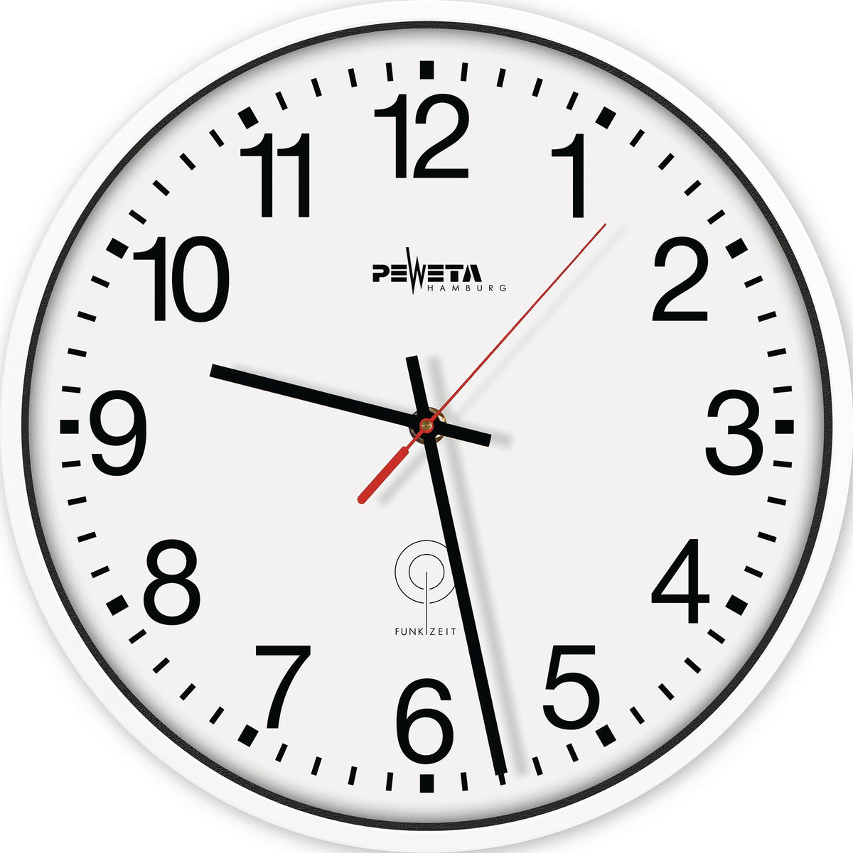 Peweta Funkuhr Ku.weiß D.250mm 1,5V Zahlen – Automatische Zeiteinstellung