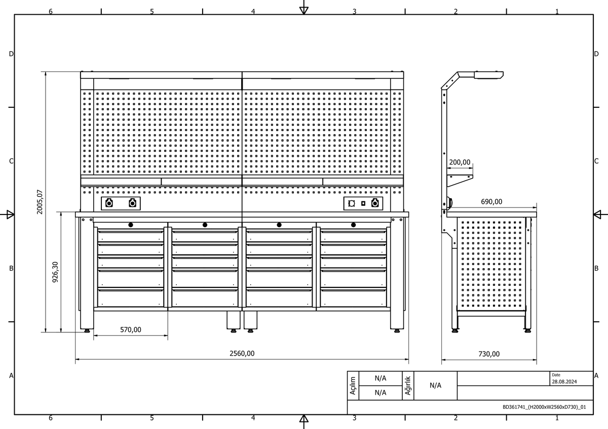 Bullram Profi Werkbank mit 20 Schubladen 2560 × 730 × 2005 mm – WBG06