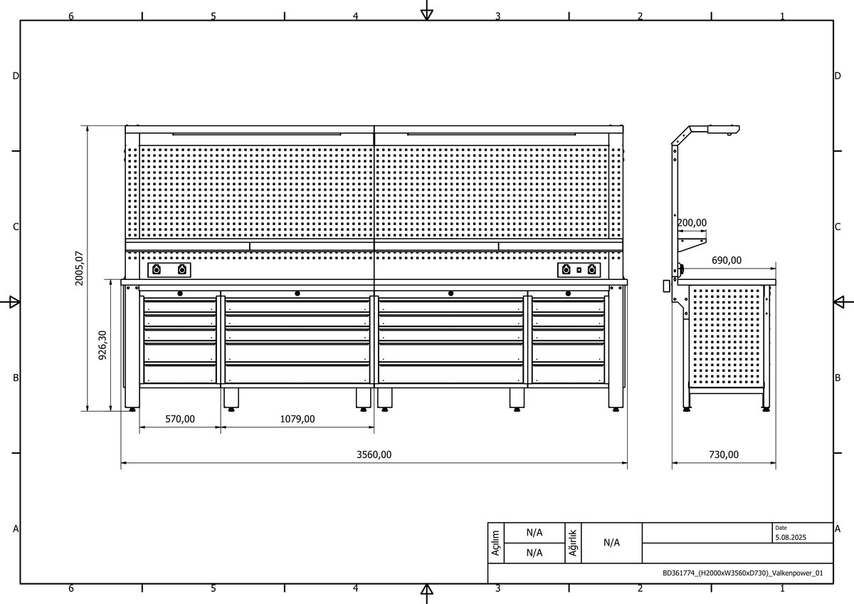 Bullram Profi Werkbank mit 20 Schubladen 3560 × 730 × 2005 mm – WBG08