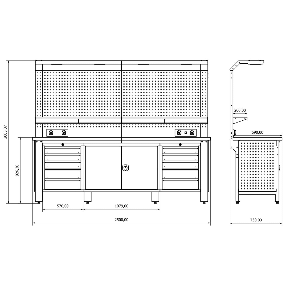 Bullram TOOLBOX4YOU 250cm Profi Werkbank mit Schubladen und Rückwand WBG02 - 2500x730x2050mm