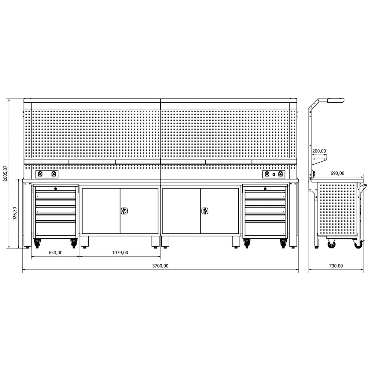Bullram TOOLBOX4YOU 370cm Profi Werkbank mit Schubladen und Rückwand 3700x730x205mm - WBG03