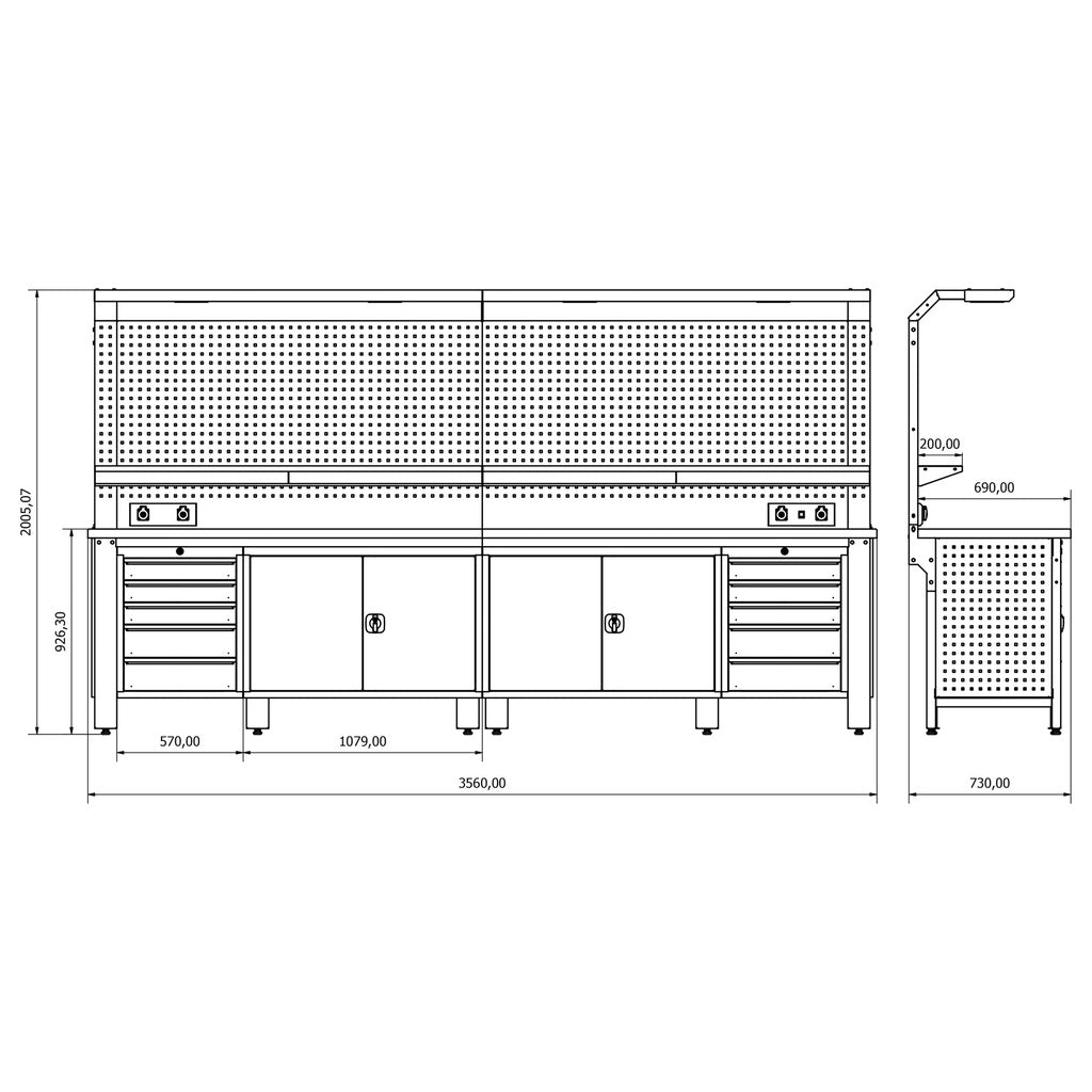Bullram TOOLBOX4YOU Profi Werkbank mit Schubladen und Rückwand WBG04 - 3560x700x1995mm