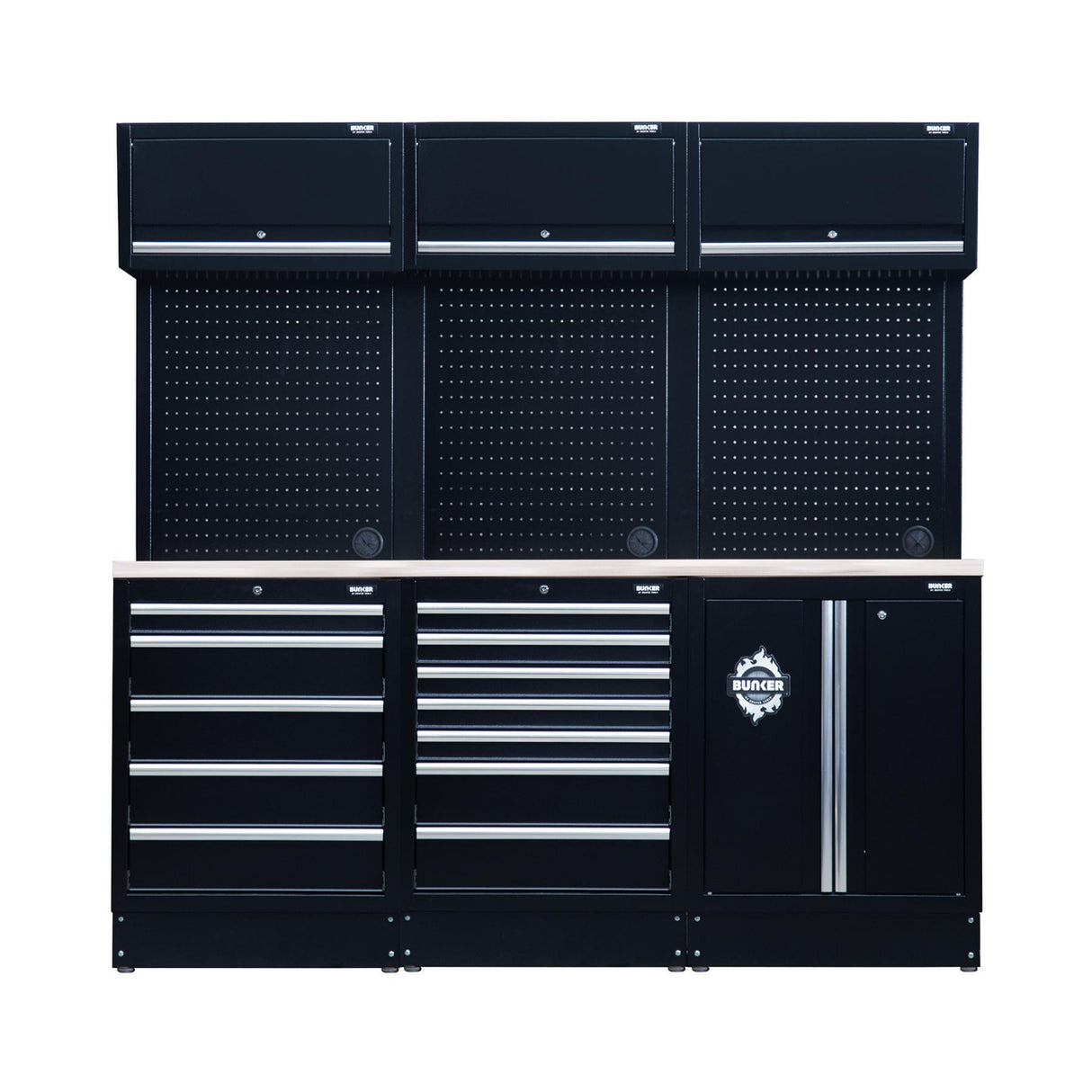 BUNKER 204cm Modulare Werkstatteinrichtung Werkbank mit Edelstahl-Arbeitsplatte - 14-teilig - D04415