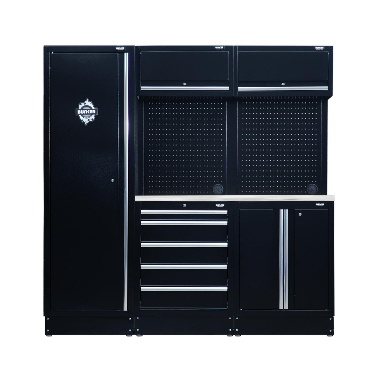 BUNKER 196cm Modulare Werkstatteinrichtung Werkbank mit Edelstahl-Arbeitsplatte - 11-teilig - D04503