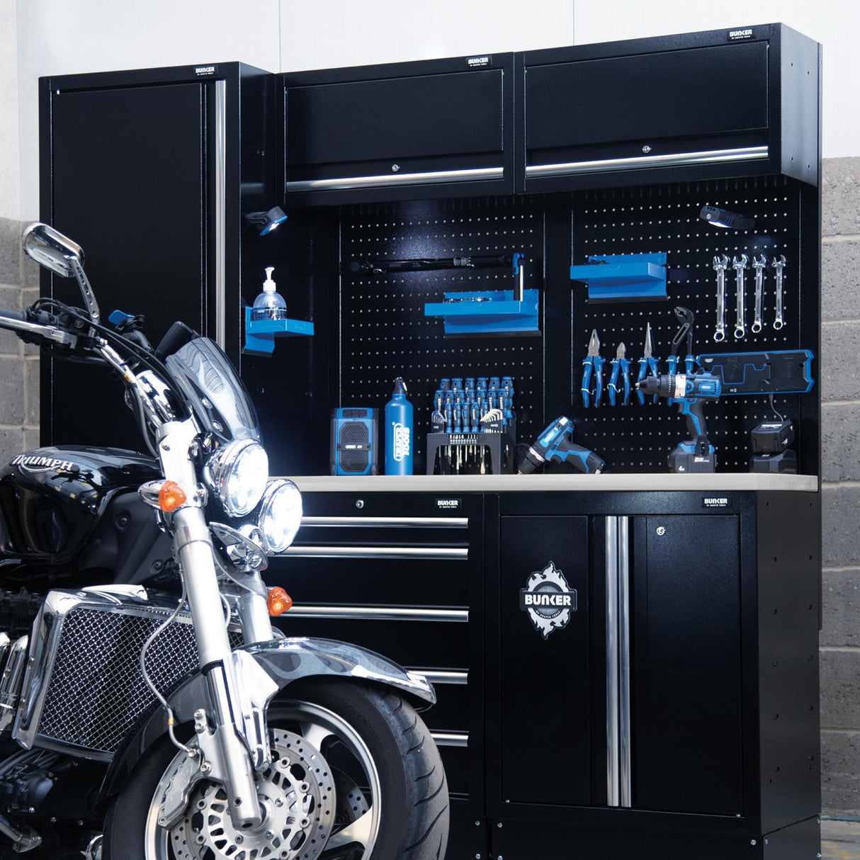 BUNKER 196cm Modulare Werkstatteinrichtung Werkbank mit Edelstahl-Arbeitsplatte - 11-teilig - D04503