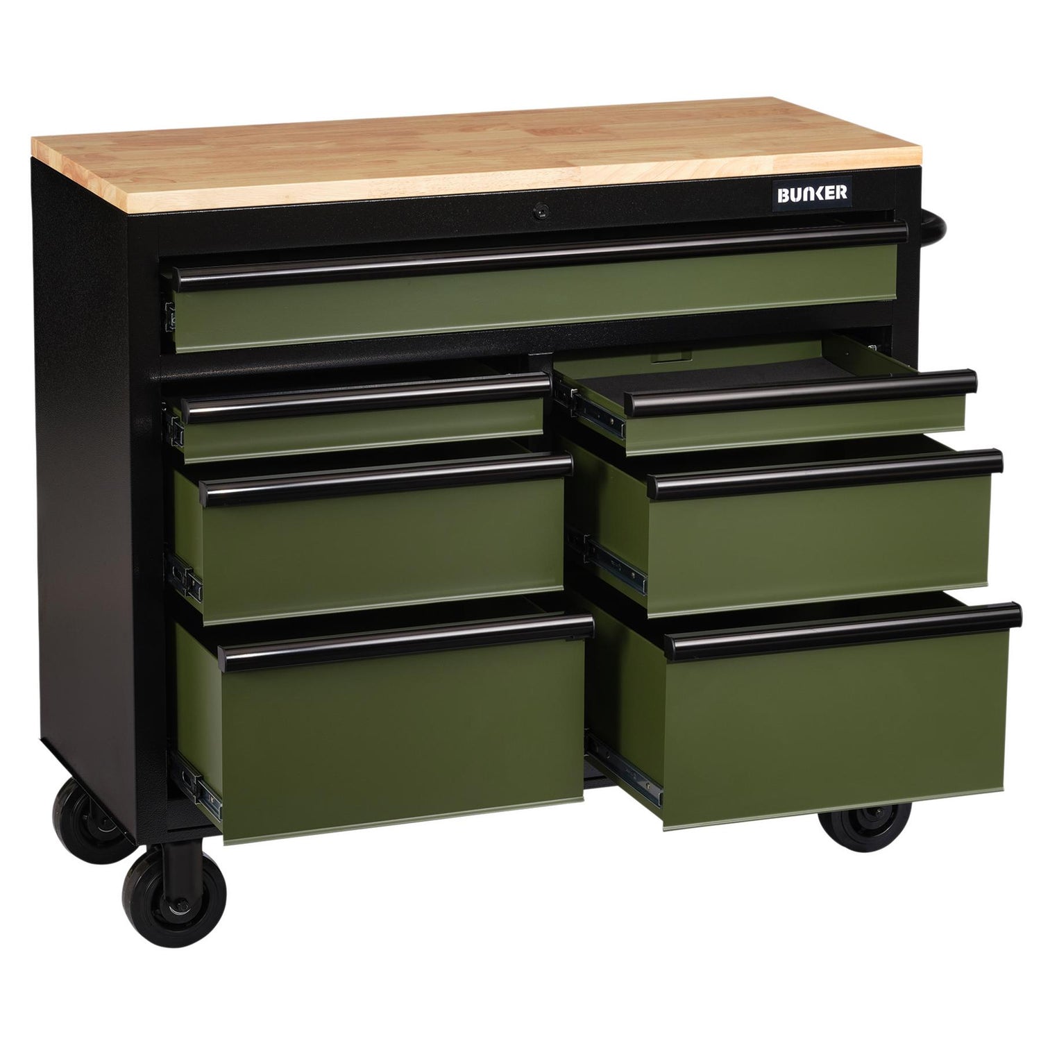 BUNKER Profi Werkbank  41 Zoll, 104 cm - Grün  - Werkbank mit Schubladen - 7 - Werkbank mit Rollen - D08221