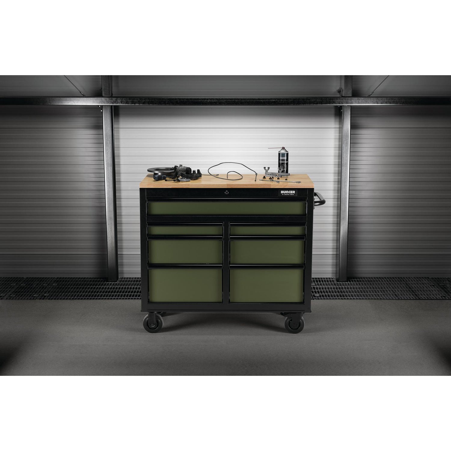 BUNKER Profi Werkbank  41 Zoll, 104 cm - Grün  - Werkbank mit Schubladen - 7 - Werkbank mit Rollen - D08221