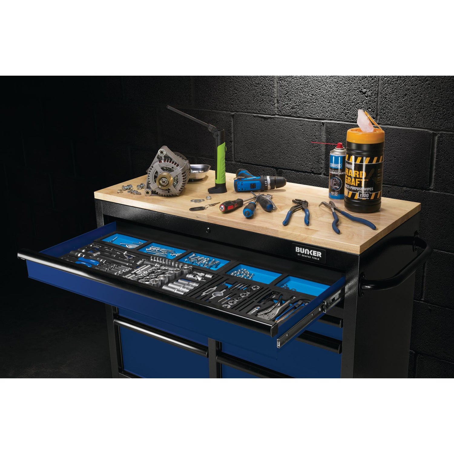 BUNKER Profi Werkbank  41 Zoll, 104 cm - Blau  - Werkbank mit Schubladen - 7 - Werkbank mit Rollen - D08222