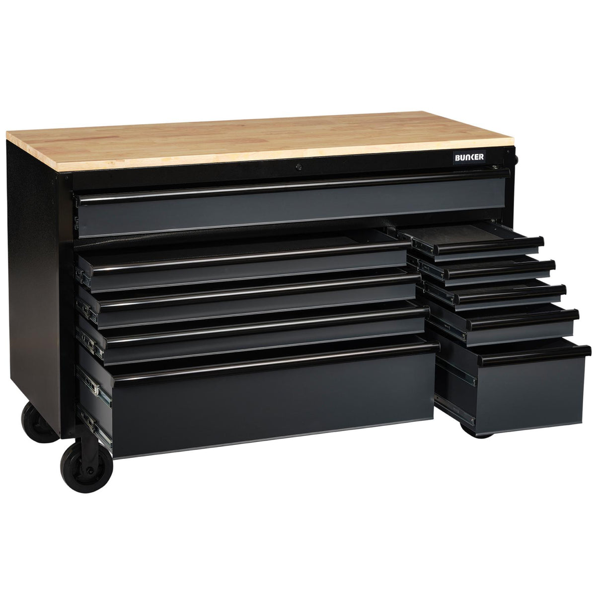 BUNKER Profi Werkbank mit Schubladen 56 Zoll, 155 cm - Grau - 56 Zoll, 155 cm - Werkbank mit Rollen - 10 Schubladen - D08227