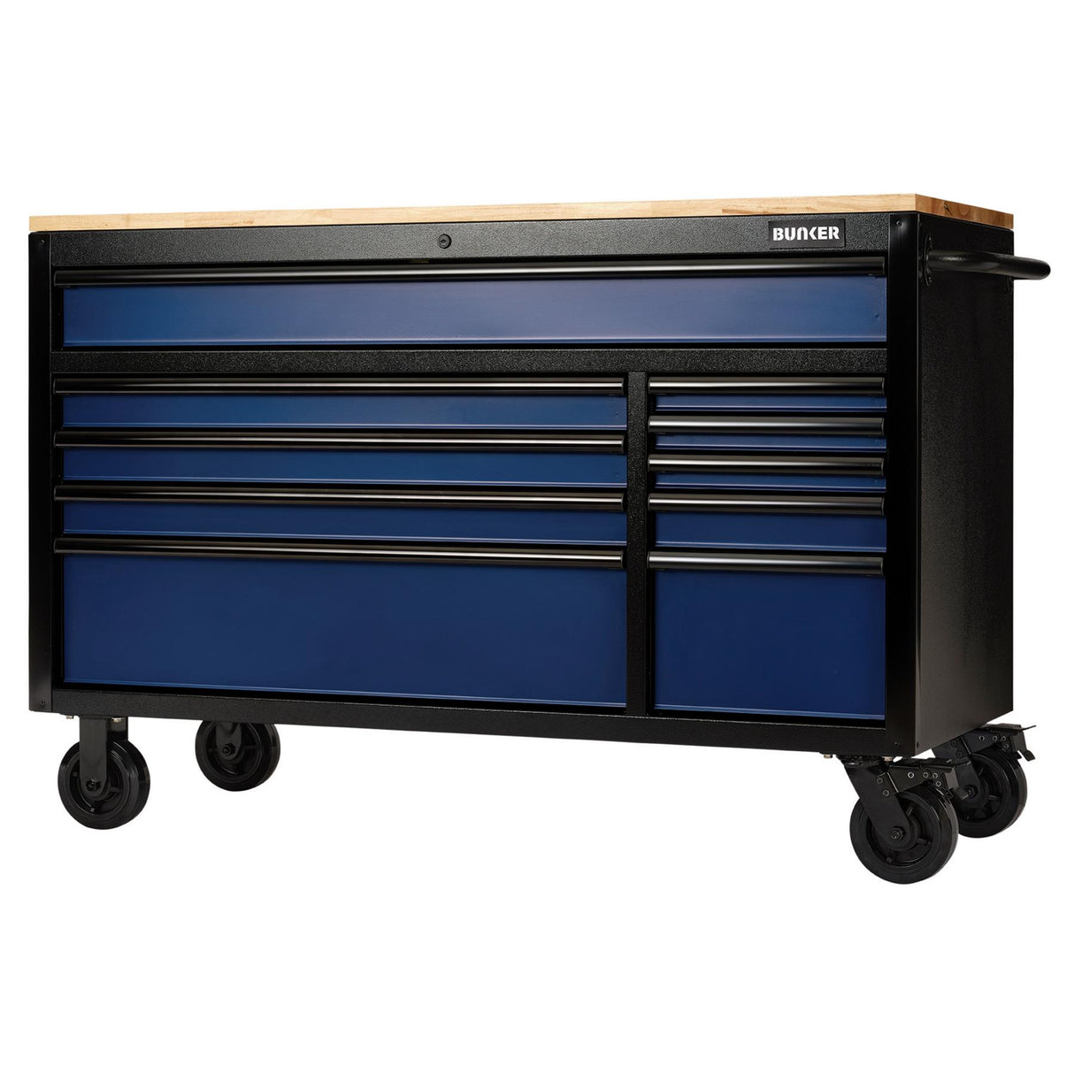 BUNKER Profi Werkbank 56 Zoll, 155 cm - Blau - Werkbank mit Schubladen - 10 - Werkbank mit Rollen - D08237