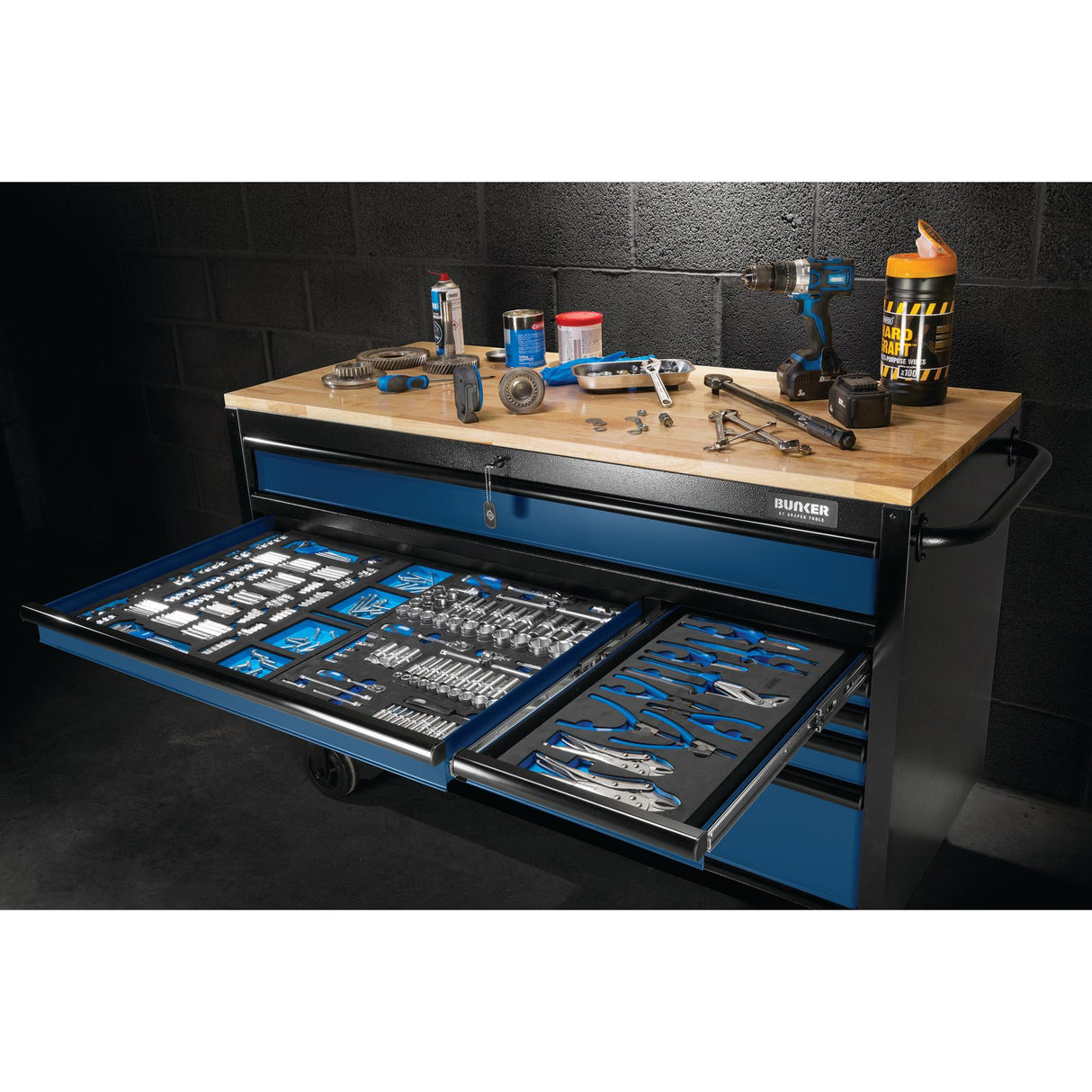 BUNKER Profi Werkbank 56 Zoll, 155 cm - Blau - Werkbank mit Schubladen - 10 - Werkbank mit Rollen - D08237