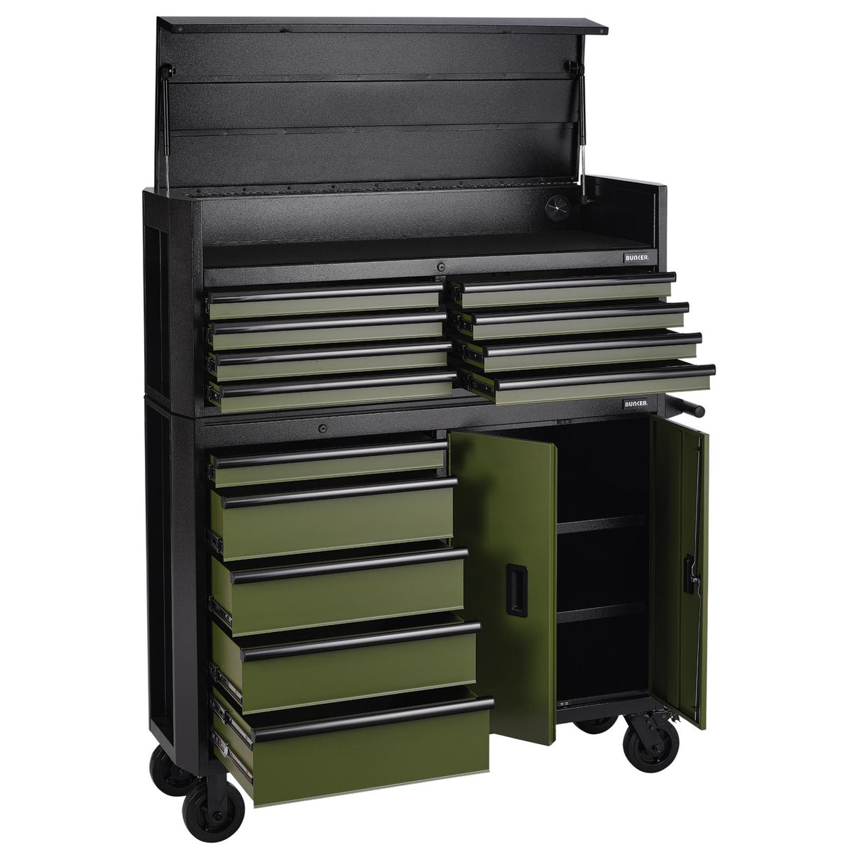 BUNKER Werkzeugwagen mit Topcase, 13 Soft-Close-Schubladen, 131cm, grün D24255