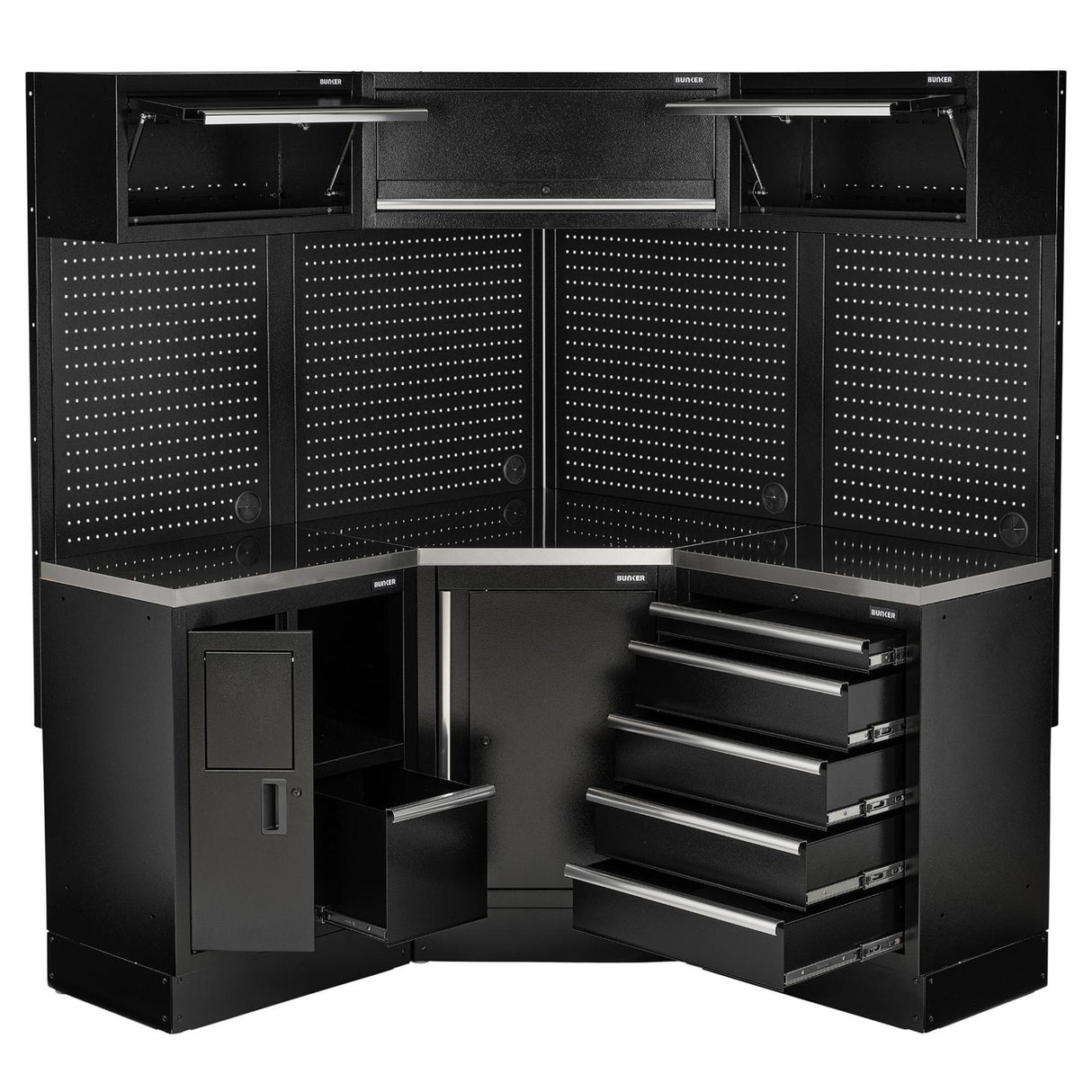 BUNKER Modulare Eck Werkstatteinrichtung Werkbank mit Edelstahl-Arbeitsplatte - 18-teilig - D31641