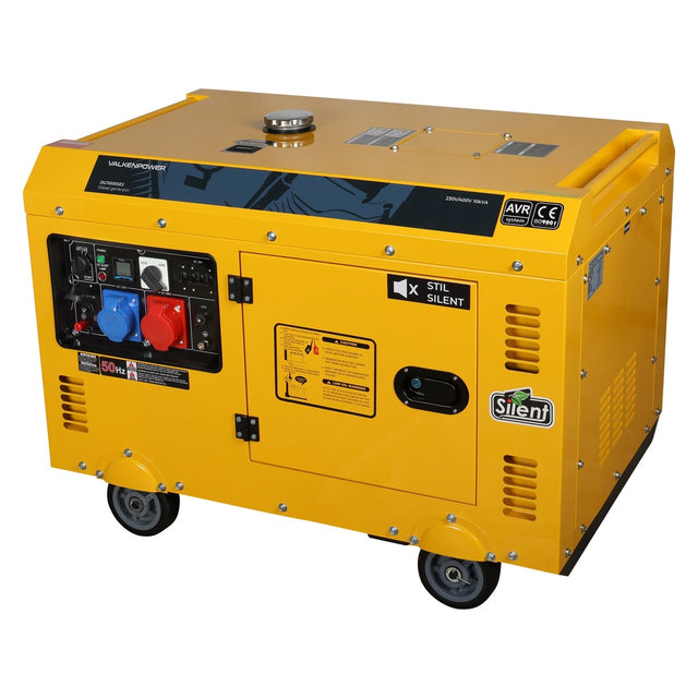 A yellow portable generator with a "Silent" label, featuring four wheels, multiple power outlets, and a control panel with gauges and switches, designed for quiet operation and labeled with "UltraPower" and "AVR CE" certifications.