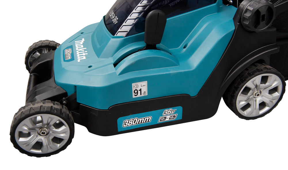 Makita Akku-Rasenmäher 2x18 V mit Kunststoffdeck – 38 cm Schnittbreite inkl. Ladegerät & Akkus - DLM382PM2