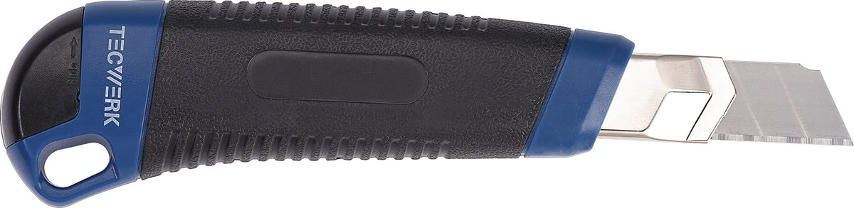 TECWERK Cuttermesser 18 mm mit Inox-Laufschiene, Sicherheitsarretierung & Klingenmagazin