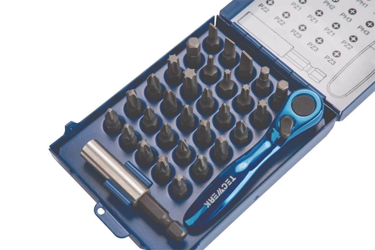 TECWERK Bitsortiment 32-teilig Schlitz/PH/PZD/T/6KT. mit Bitknarre und Magnet-Bithalter