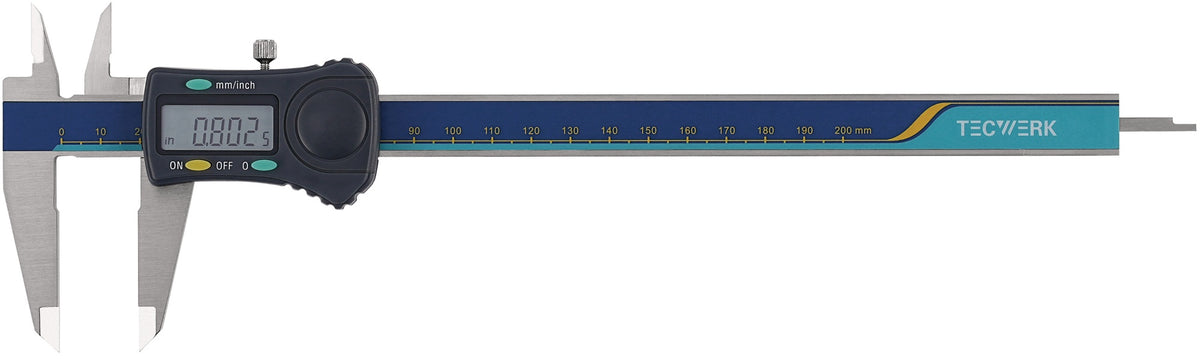 TECWERK Digitaler Messschieber DIN 862 150 mm mit Feststellschraube, eckigem Tiefenmaß und 8-mm-Ziffern