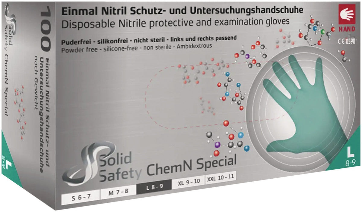AMPRI Einweghandschuh SolidSafety ChemN Special Gr. L grün Nitril PSA Kat. III – chemikalienbeständig