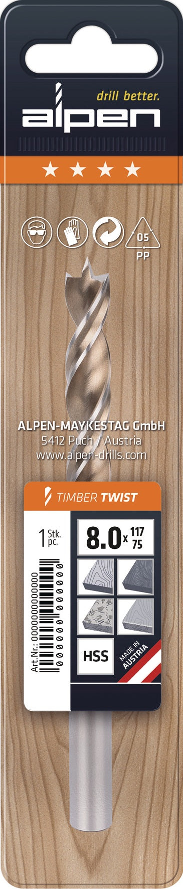 ALPEN Spiralbohrer TIMBER TWIST Ø 1 mm, 2 Stück, für ausrissfreies Bohren in Holz