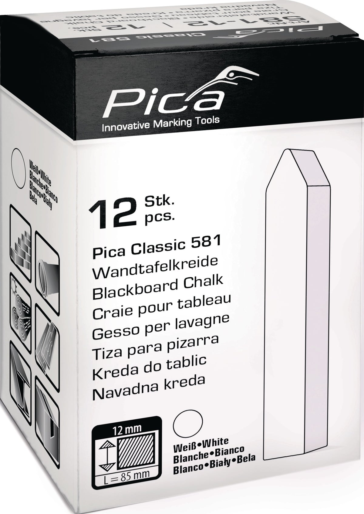 PICA Tafelkreide Classic weiß, angespitzt, 12 Stück, 90 x 12 x 12 mm